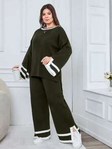 EURMUSE 1pc Contrast Trim Drop Shoulder Sweater & 1pc Knit Pants - Army Green - View 4