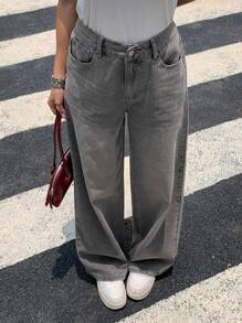 DAZY 新款秋季宽松休闲直筒女牛仔裤 - 灰色 - 查看 3