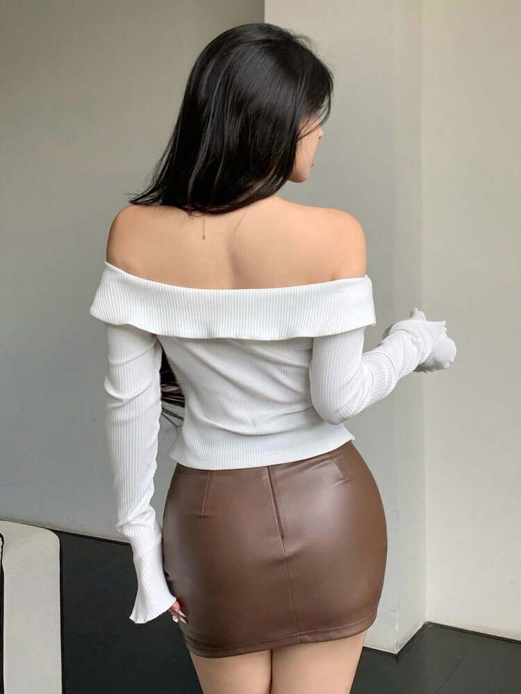 Solid Color Off Shoulder Pleated Bell Sleeve Slit Asymmetrical Women T-Shirt Long Sleeve Top