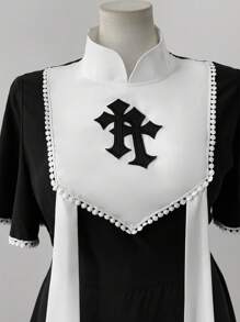 Sunspun 大码女式复古朋克风格十字缎带蕾丝边中长连衣裙 - 黑色 - 查看 3