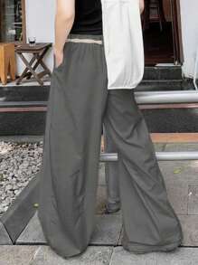 Manfinity Hypemode Pantaloni ampi a vita alta in stile americano casual, gamba larga, in velluto a coste, pantaloni dritti rilassati, colore bianco