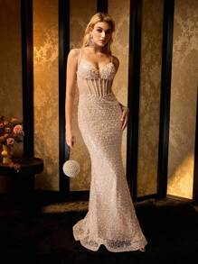 MOTF Soiréza BEADED STRAPS BONED CORSET MERMAID EVENING DRESS - Champagne - View 6