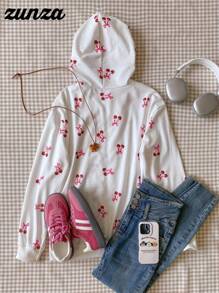 Sudadera con cremallera de ajuste holgado y cómodo con estampado de cerezas para adolescentes, para otoño e invierno - Blanco - Ver 2