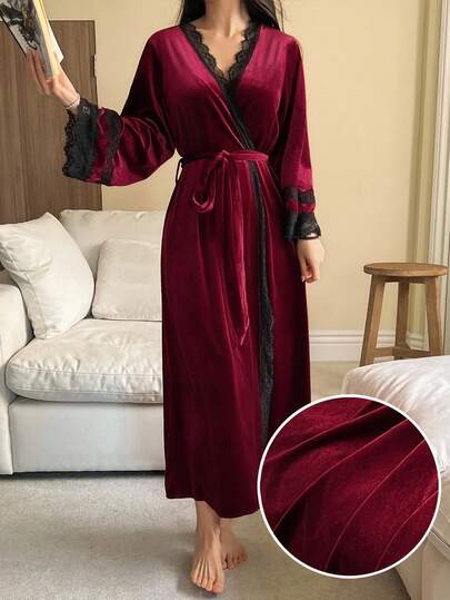 DAZY Badrock i sammet och spets, dambadrock, höstpyjamas, alla hjärtans dag-vinter
