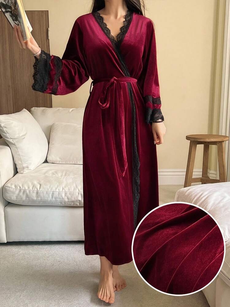 Velvet & Lace Patchwork Women's Bathrobe, Fall Pajama, Winter Valentine's Day