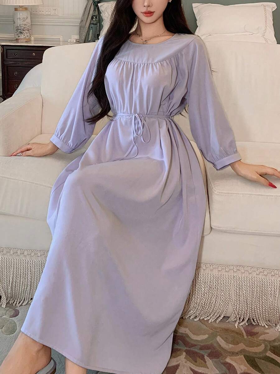DAZY 简约纯色褶皱灯笼袖女式休闲连衣裙家居服、秋季睡衣 - 淡紫色 - 查看 1