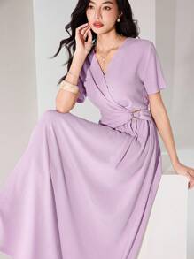 Heiryn Women's Elegant Solid Color Maxi Wrap Dress - Mauve Purple - View 1