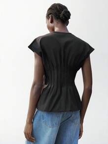 Maija New Spring/Summer Black Front Tie Bow Waist Pleated Shoulder Blouse For Women - Black - View 3