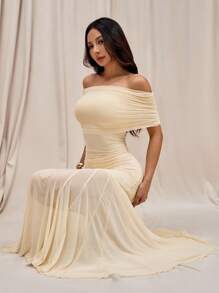 SHEIN PETITE Váy cưới mùa hè Fairycore cho nữ, váy đuôi cá hở vai, lưới đan màu trơn, váy tốt nghiệp màu trắng - Màu be - Xem 7
