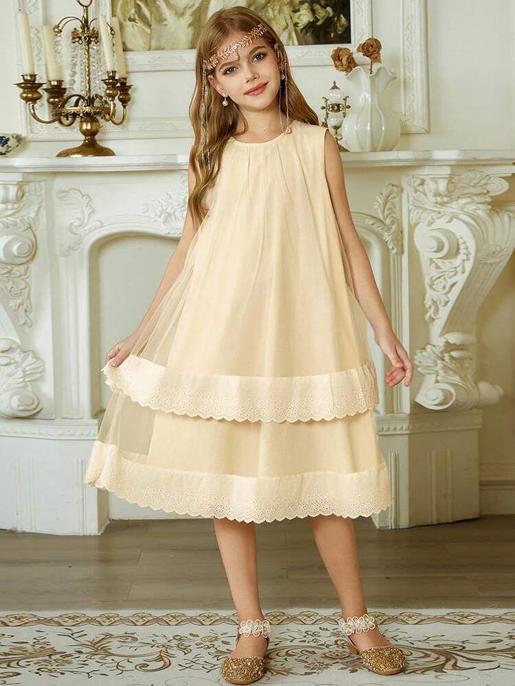 Tween Girls Round Neck Mesh Sleeveless Dress