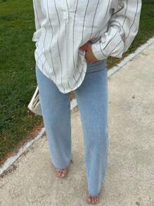 Jeta Ari 斜口袋休闲高腰阔腿牛仔裤 - 淺色水洗藍 - 查看 3