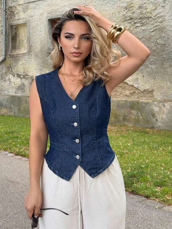 Jeta Ari Women's Solid Color Simple Daily Wear Sleeveless Denim Jacket