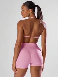 Musera Sport Solid Ruched Bust Open Back Halter Sports Bra, Active Comfy Workout Gym Running Run Clubpadel, Tennis, Pickleball Gym Fitness Yoga Pilates Fall Daily Casual