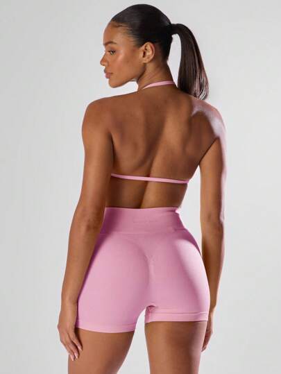 Ra Sport Solid Ruched Bust Open Back Halter Sports Bra, Active Comfy Workout Gym Running Run Clubpadel, Tennis, Pickleball Fitness view 2