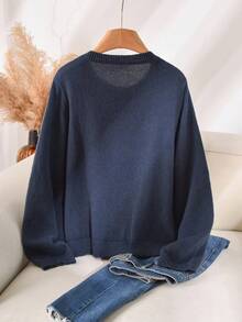 CosyJoli Plus Size Casual Embroidered Round Neck Sweater Cardigan In Fall/Winter - Navy Blue - View 2
