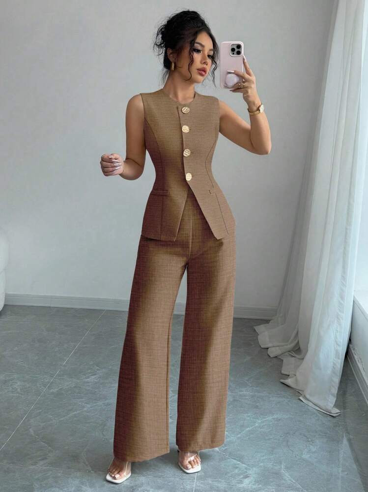 Rafferiza Petite Women Chic Metal Flower Buckle 2 Pieces Set, Formal Casual Work Suit Maillard Style Summer Brown - Brown - View 4