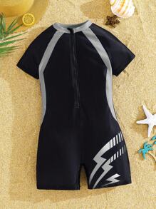 SHEIN Tween Boy Casual Sports Graphic Rash Guard Swimsuit, For Beach, Swimming, Surfing - Grey - View 6