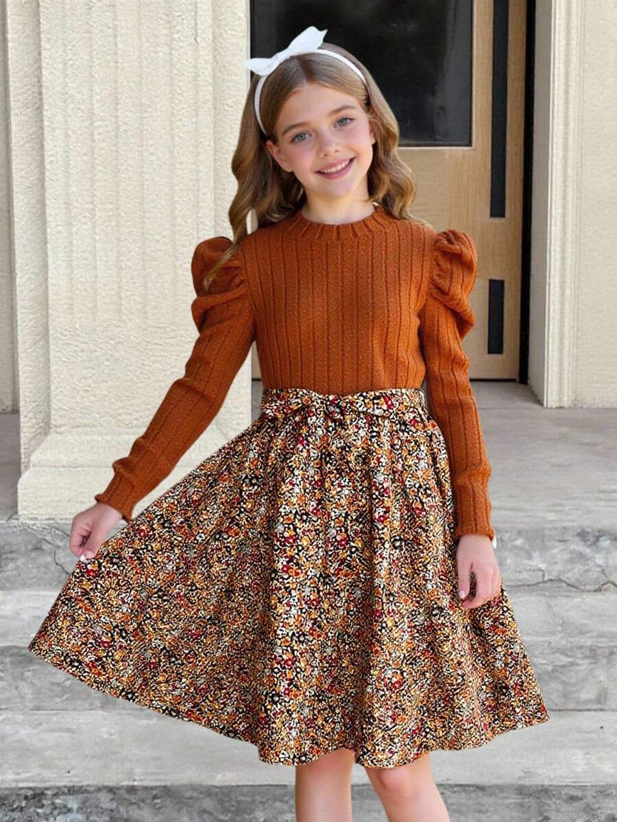 SHEIN Tween Girl Brown Color Boho Knitted Round Neck Long Sleeve Patchwork Ditsy Floral Dress, Suitable For Autumn Winter, Winter Dress For Holiday