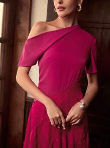 ZEYLAH Vestido largo de verano elegante para damas con cuello asimétrico, panel con aplicación de flor de jacquard y bajo acampanado - Rosa Fucsia - Ver 2