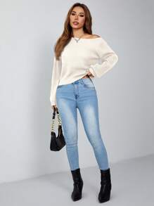 SHEIN PETITE 斜肩坑条纹套头衫女式毛衣 - 米色 - 查看 4