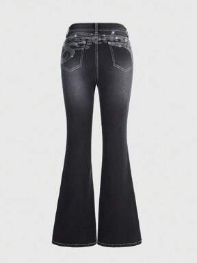 Grunge Punk Women's Casual Washed Rhinestone Flared Jeans