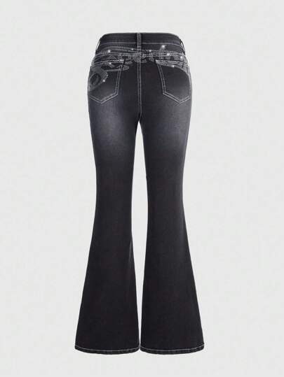 Grunge Punk Jeans acampanados casuales de mujer con efecto lavado y cristales