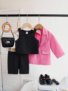 SHEIN Playful Pals 女婴三件套 - 玫瑰粉色长袖翻领休闲西装外套、黑色背心和黑色修身短裤，优雅时尚，适合春秋季日常穿着、拍照和秋冬季旅行。 - 玫紅色 - 查看 3