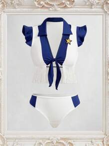 SHEIN 性感航空公司空姐角色扮演服装，领口系带前流苏短款上衣和低腰裤，适合狂欢