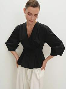 BizChic Women's Black Lantern Sleeve A-Line V-Neck Urban Commuting Office Business Casual Elegant Blouse, Ladies Professional Formal Wear Top - Black - View 7