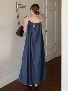 DAZY 女士夏季休闲无袖长款牛仔连衣裤 - 藍色 - 查看 2