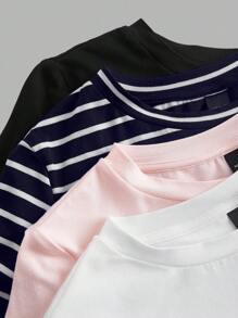 SHEIN EZwear 4 件套休闲简约基本款条纹圆领短袖 T 恤，适合春夏季、海滩、音乐节 - 彩色 - 查看 3