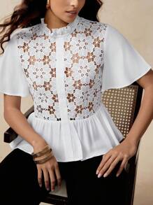 Florisole Women's Elegant White Lace Panel Blouse, Featuring A Sophisticated Semi-Sheer Design, Ruffled Stand Collar, And Stylish Short Sleeves With A Flattering Peplum Hem. All White - White - View 3