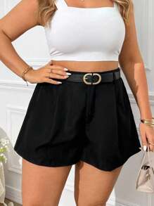 Vionelle Plus Size Women's Solid Color Loose Pleated Casual Shorts - Black - View 4