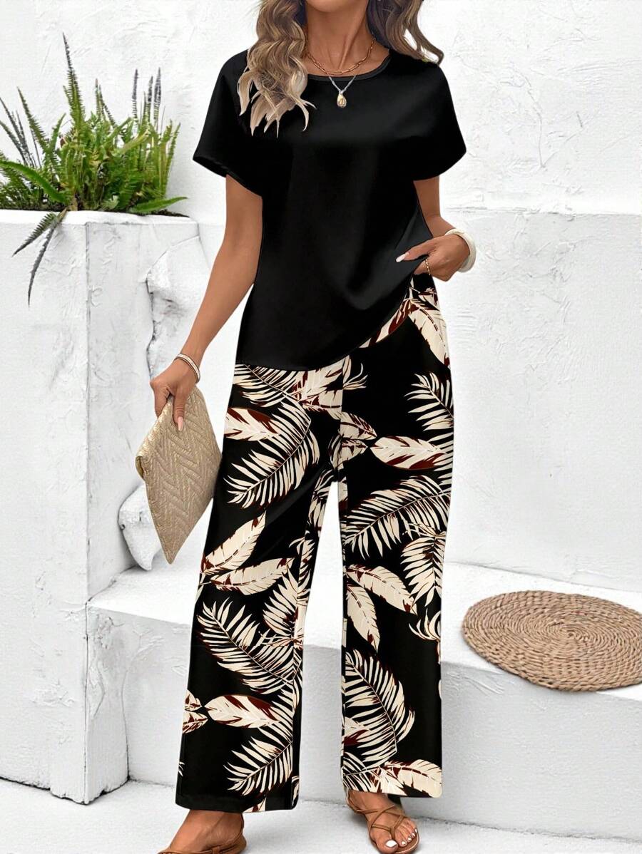 EMERY ROSE 2pcs Women Casual Minimalist Leaf Pattern Bodycon Suit, Spring/Summer Suitable For Going Out