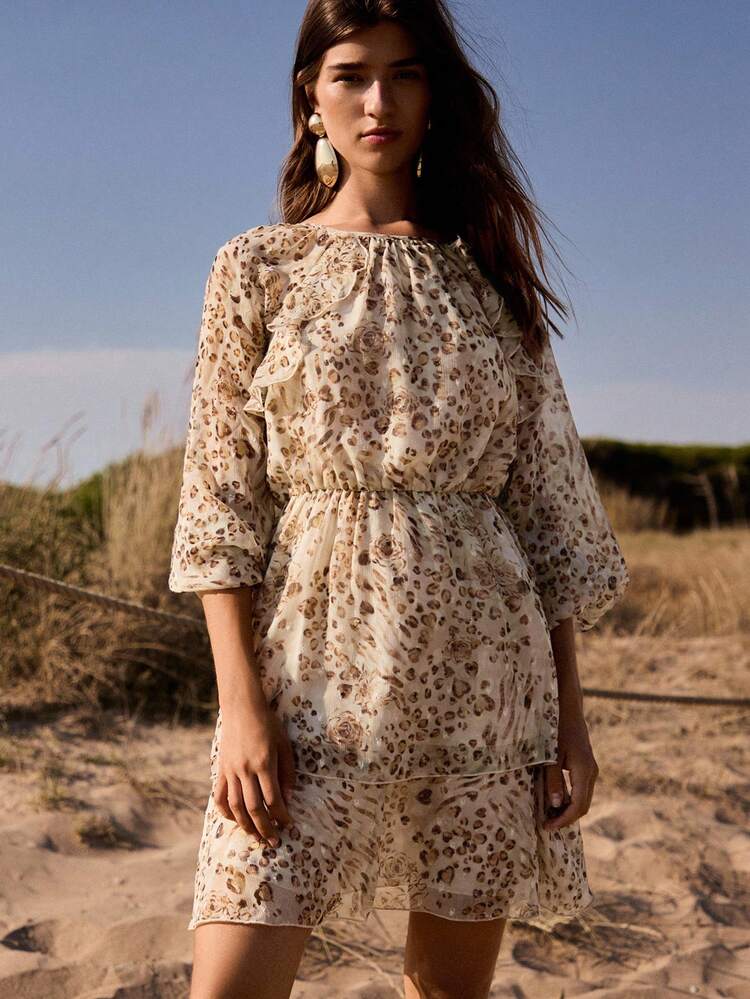 SHEIN Maija マルチカラータイダイデザイン ゆったりして快適な シアーシフォン クルーネック ドロップショルダー 長袖 フリルヘム エレガントでスタイリッシュでロマンチックなカジュアルドレス