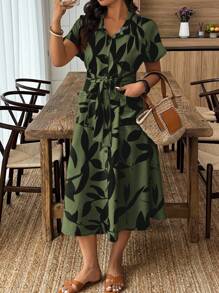 EMERY ROSE Váy sơ mi họa tiết lá cây cỡ lớn đi làm kèm thắt lưng - Nhiều màu - Xem 1