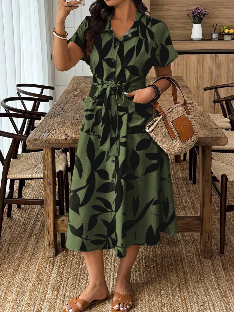 EMERY ROSE Váy sơ mi họa tiết lá cây cỡ lớn đi làm kèm thắt lưng - Nhiều màu - Xem 1