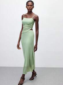 Maija 2025 年夏季新款 Salviae Green 性感网眼透视轻盈不对称剪裁吊带背心和松紧腰裙两件套，都市优雅浪漫办公室休闲时尚日常装扮，适合派对、海滩、音乐节、婚礼嘉宾、返校 - 軍綠色 - 查看 4