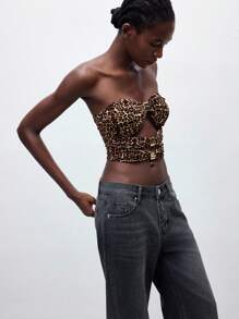 Maija Women Leopard Print Asymmetrical Hollow Out Cami Top,Shades Of Brown Summer Chic Club Night Metal Decoration Sleeveless Cropped Top,Y2K Street Style - Coffee Brown - View 5
