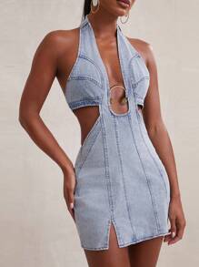 NYA SZN 牛仔深 V 露背夏季连衣裙度假特别活动西部音乐会音乐节优雅假期春假早午餐毕业典礼新娘婚礼宾客 - 淺色水洗藍 - 查看 6