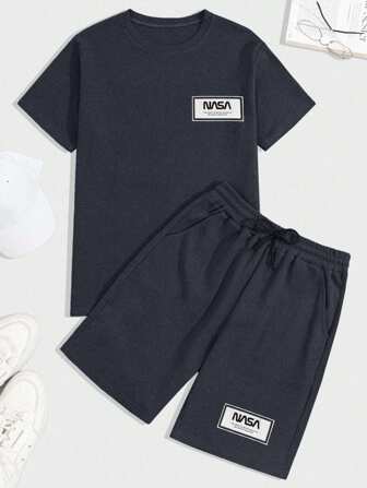 SHEIN Set di t-shirt e pantaloncini da uomo in cotone al 100% a trama a nido d'ape con stampa di lettere, dalla vestibilità classica