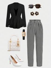 Ellevyn 女士褶皱锥形裤，针织弹力千鸟格印花格子，优雅日常穿着，秋冬 - 黑與白 - 查看 1