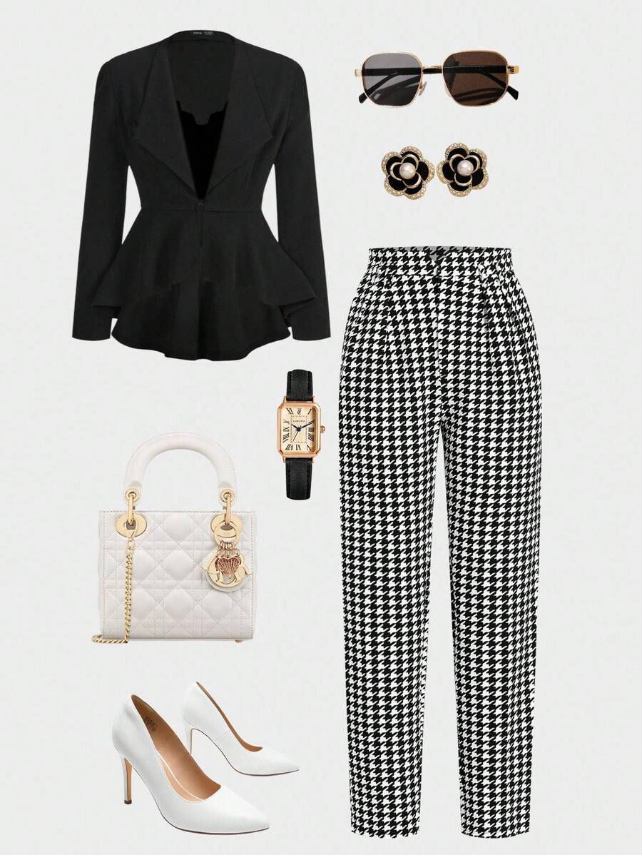 Ellevyn 女士褶皱锥形裤，针织弹力千鸟格印花格子，优雅日常穿着，秋冬 - 黑與白 - 查看 1