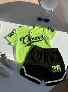 2 件装 小男孩 男孩休闲运动学院街头可爱度假字母图案开衫棒球夹克风格衬衫和短裤套装 适合儿童服装 幼儿男孩服装 返校男孩套装 适合生日派对、晚会、表演、婚礼、洗礼、开幕式 适合日常使用 适合上学 适合旅行 适合运动 适合春夏季节