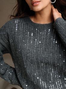 Anewsta Jersey de cuello redondo oversize para mujer con bordado de lentejuelas, de moda y suelto