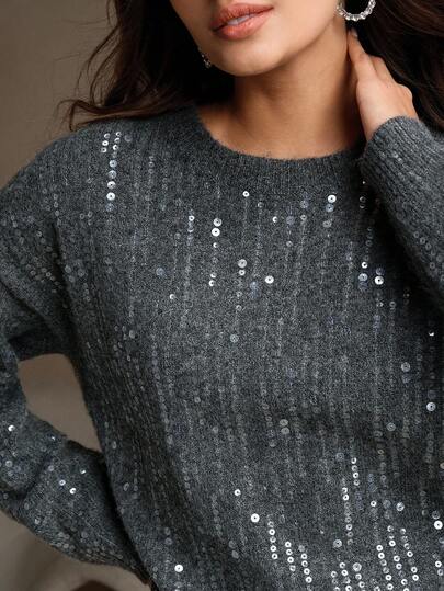 Anewsta Jersey de cuello redondo oversize para mujer con bordado de lentejuelas, de moda y suelto