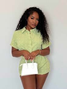 Alexandranx 全新休闲运动 2 件套女式衬衫纹理面料上衣和短裤 - 绿色 - 薄荷綠 - 查看 4