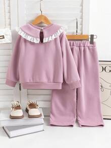 年轻女孩秋季休闲可爱撞色希菲彼得潘领运动衫和松紧腰宽松阔腿裤套装 - 粉色 - 查看 2