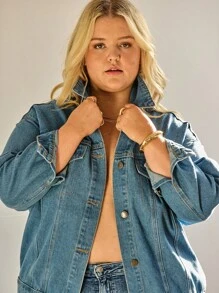 Aralina Autumn/Winter/Fall Plus Casual Classic Button-Down Denim Jacket Perfect For Going Out Outfits And Country Concert Outfits And Teacher Outfits - Light Wash - View 5