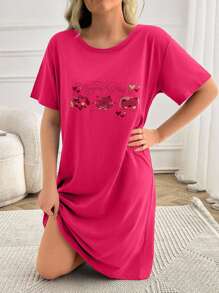 Women Contrast Colour Cute Animal Prints Basic Homewear Sleepdress - Hot Pink - View 5